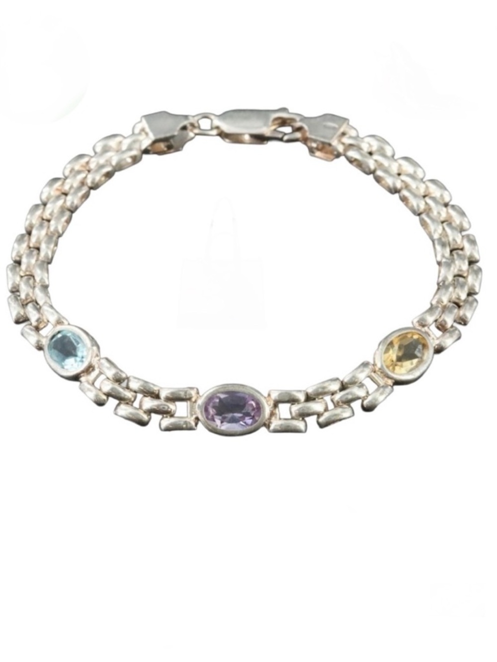 VINTAGE STERLING SILVER 925 MULTI-COLOR GEMSTONE PANTHER LINK BRACELET